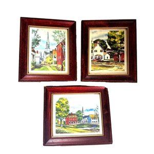Doris Victor Signed Painting Lithograph Landscape Wood Frame Set 3 Vintage 1950s